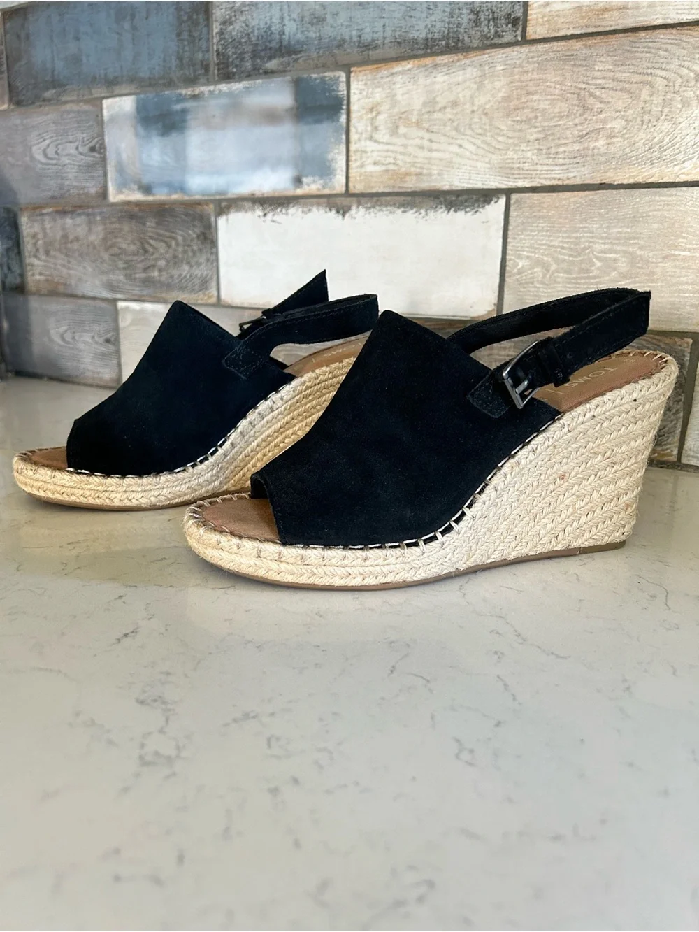 TOMS Monica Black Suede Leather Wedge Espadrille Sandals